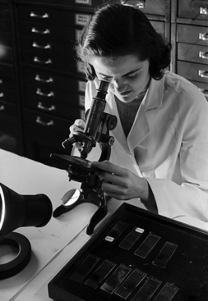 [Woman using microscope, St. Luke