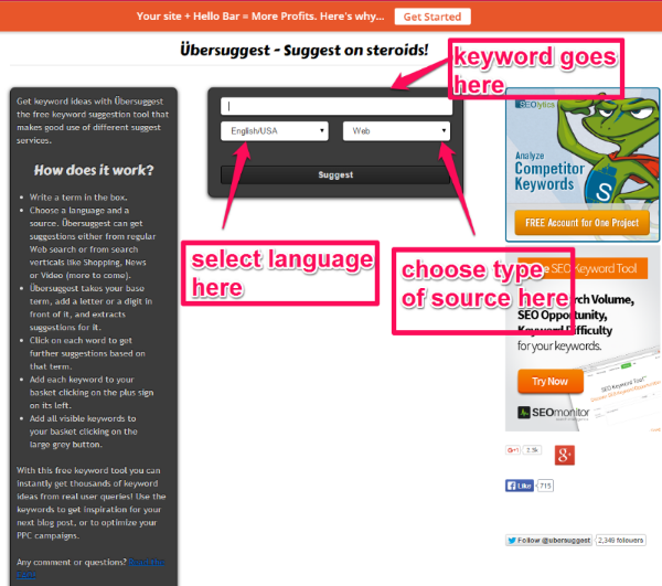 Screenshot of UberSuggest and how to use to find long-tail keywords