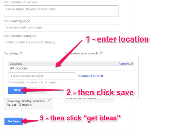 Screenshot of Google Adwords Keywords Planner location settings