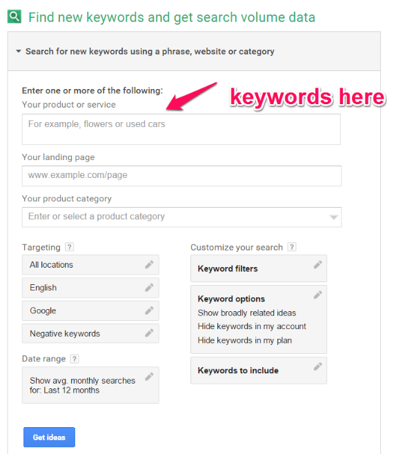 Screenshot of Google AdWords Keywords Planner